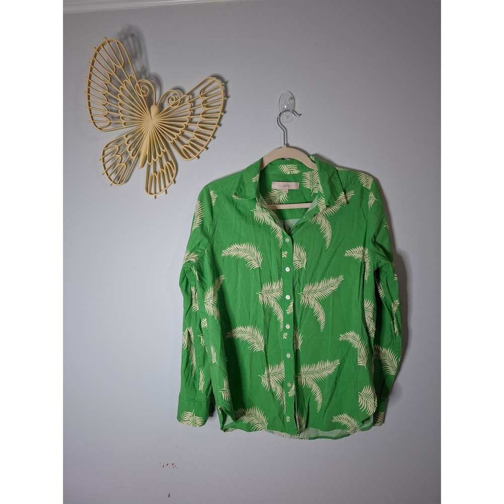 LOFT Green Palm Leaf Print Button Down Shirt Long Sleeve Cotton Rayon Small